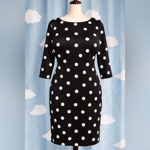 Polka dot whimsical scuba midi dress. Hits in the right spots. 14